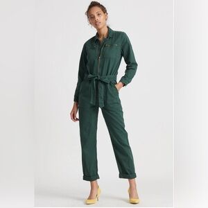 Lucky Brand Tie Front Jumpsuit XL Jade Green Long Collard Full Zip One-Piece